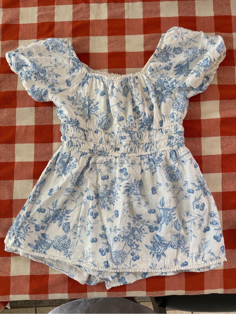 Girls White and Light Blue Floral Smocked Romper